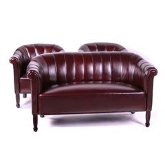 Art Deco Vintage Brown Leather Club Set, Set of Three