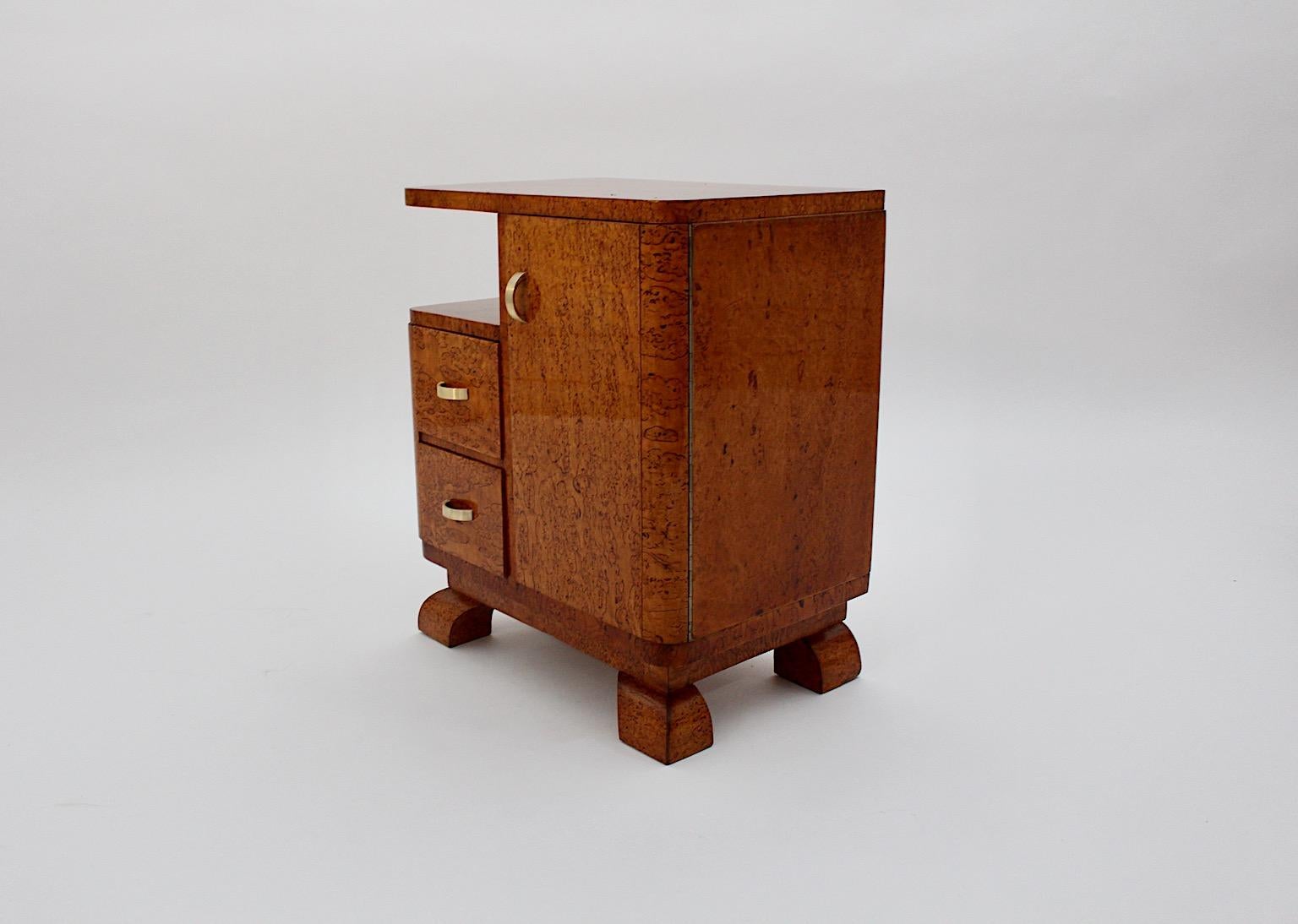 Art Deco Vintage Brown Nightstands Bedside Tables Poplar Brass 1930s Austria 4