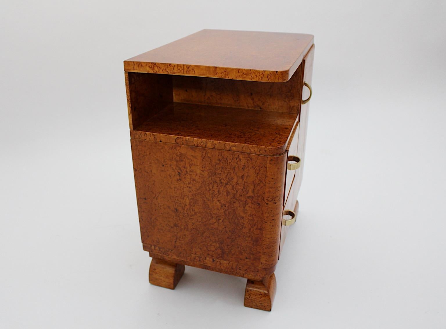 Art Deco Vintage Brown Nightstands Bedside Tables Poplar Brass 1930s Austria 9