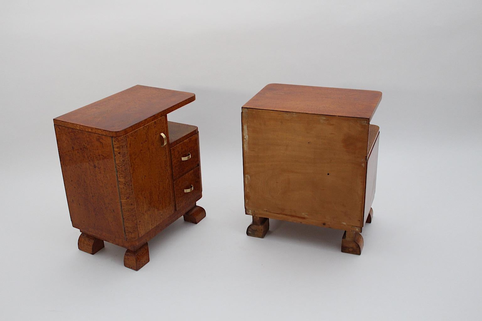 Art Deco Vintage Brown Nightstands Bedside Tables Poplar Brass 1930s Austria 10