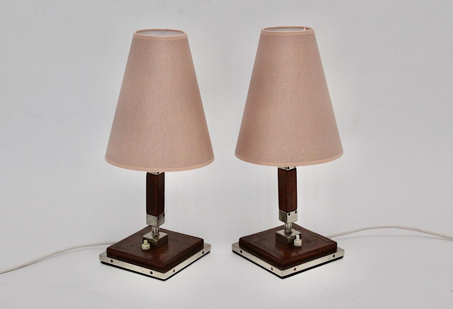 Austrian Art Deco Vintage Brown Silver Mauve Oak Chromed Metal Table Lamp Austria, 1930s