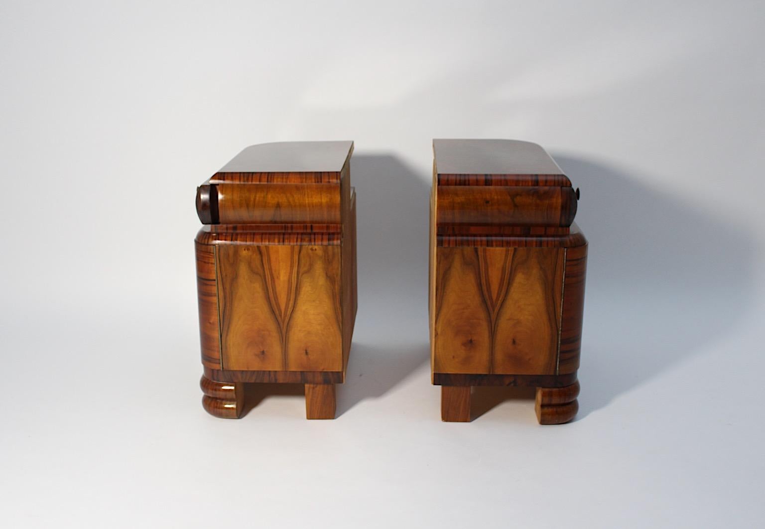 Art Deco Vintage Brown Walnut Nickel Nightstands Duo Pair circa 1930 Vienna For Sale 13