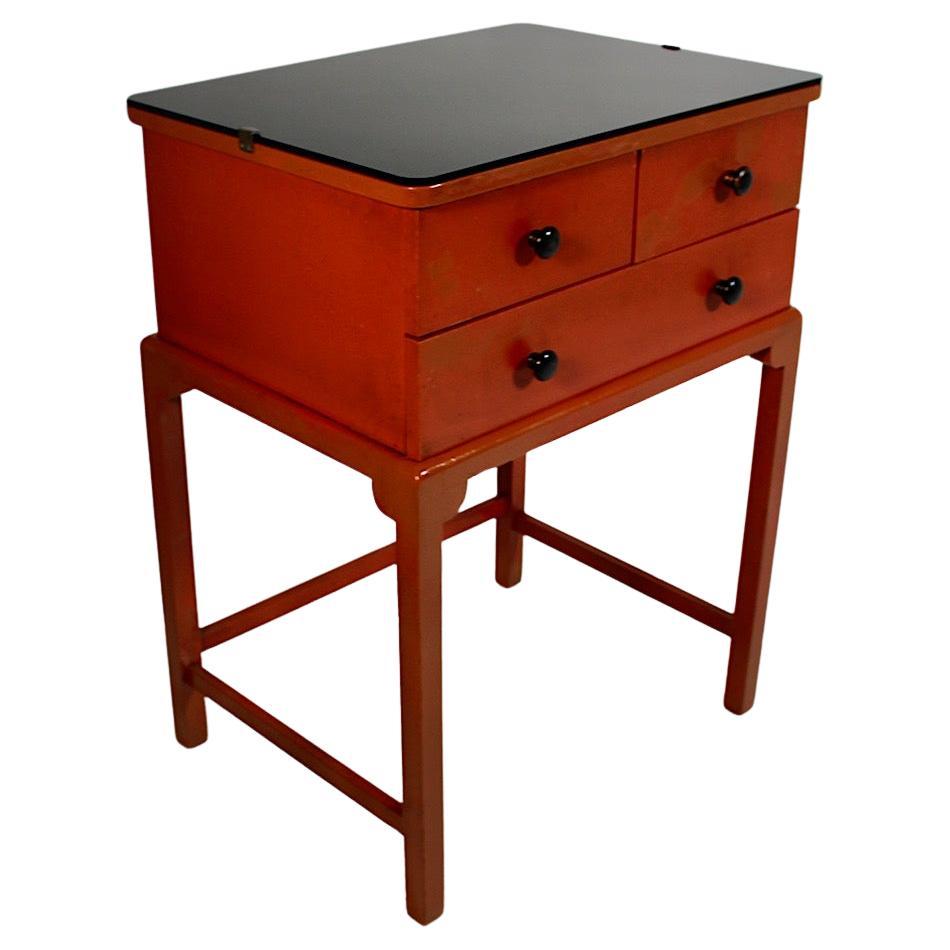 Art Deco Vintage Burnt Orange Black Freestanding Wood Chest Side Table 1930s
