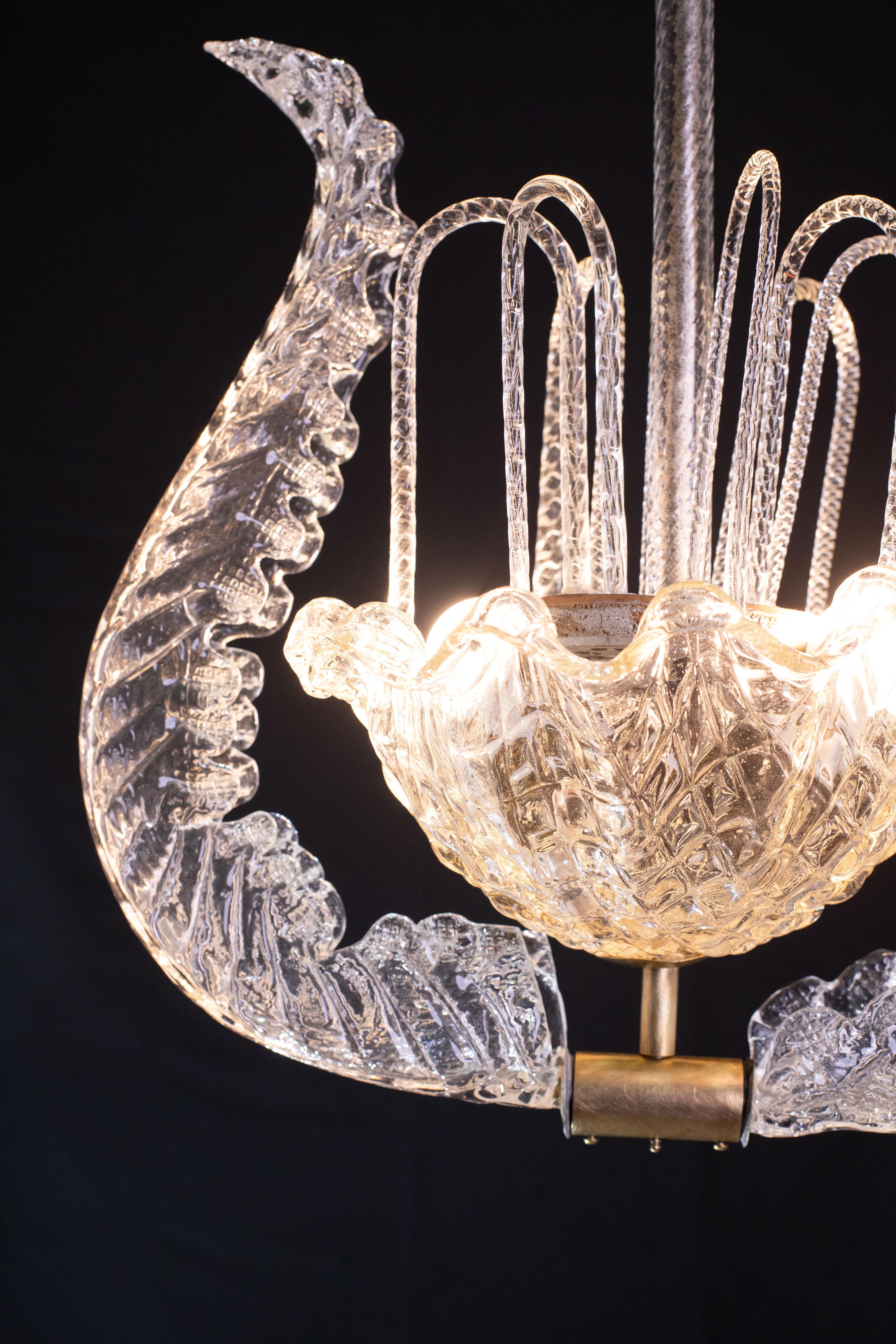 Art Decò Vintage Chandelier By Barovier e Toso, Murano Glass, 1940 For Sale 1