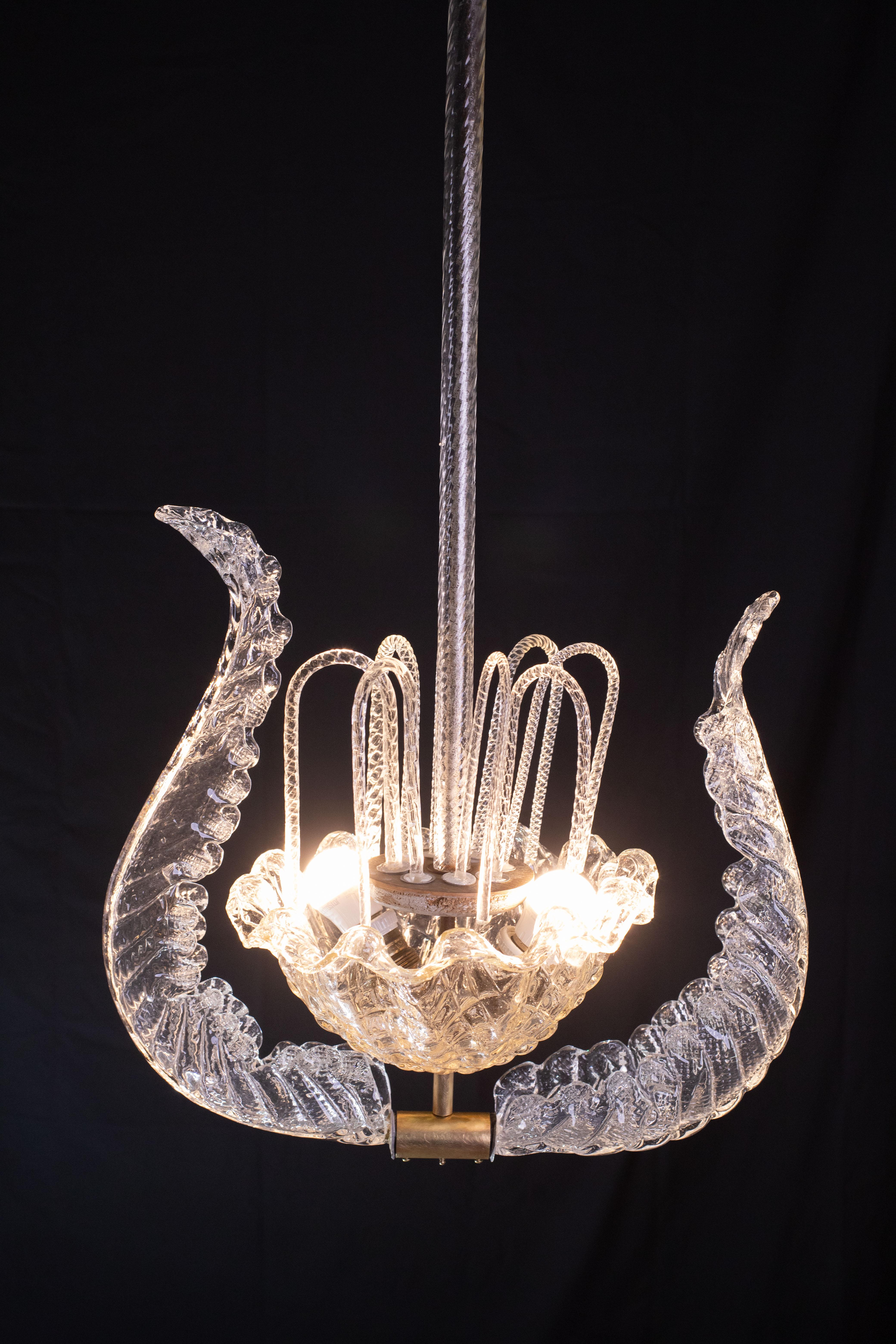Art Decò Vintage Chandelier By Barovier e Toso, Murano Glass, 1940 For Sale 2