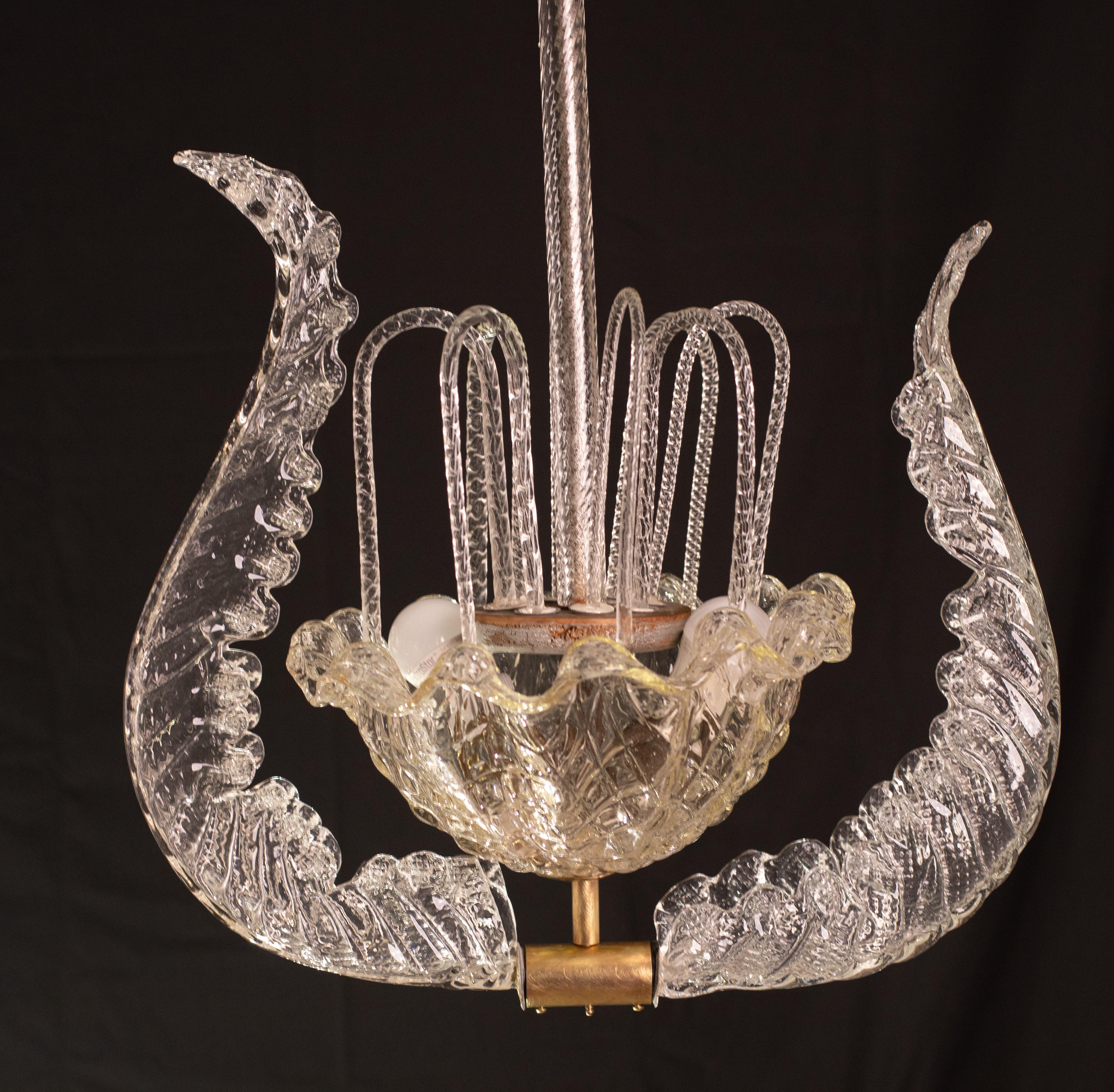 Art Decò Vintage Chandelier By Barovier e Toso, Murano Glass, 1940 For Sale 3