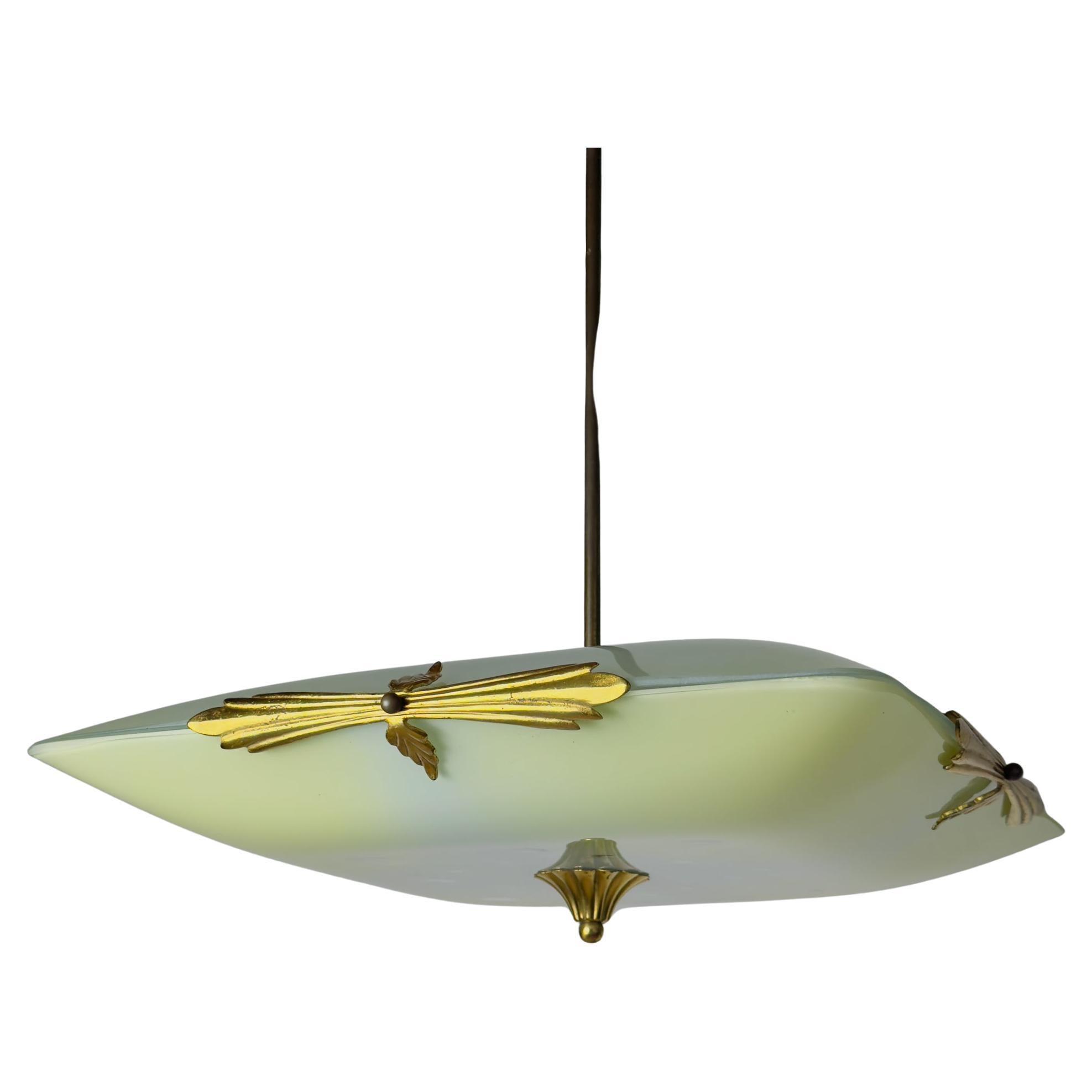 Art Deco Chandelier, Brass and Greenish Glass, Italy, 1930s Vintage