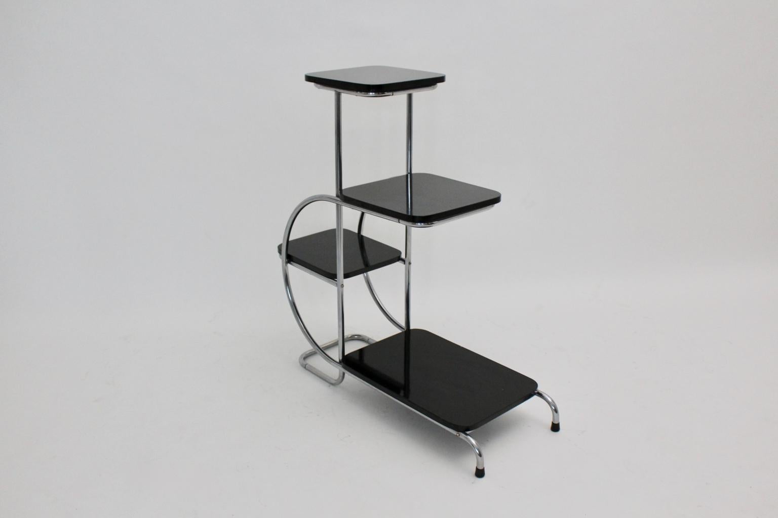 French Art Deco Vintage Chromed Metal Black Wood Side Table by Emile Guyot 1930s France For Sale