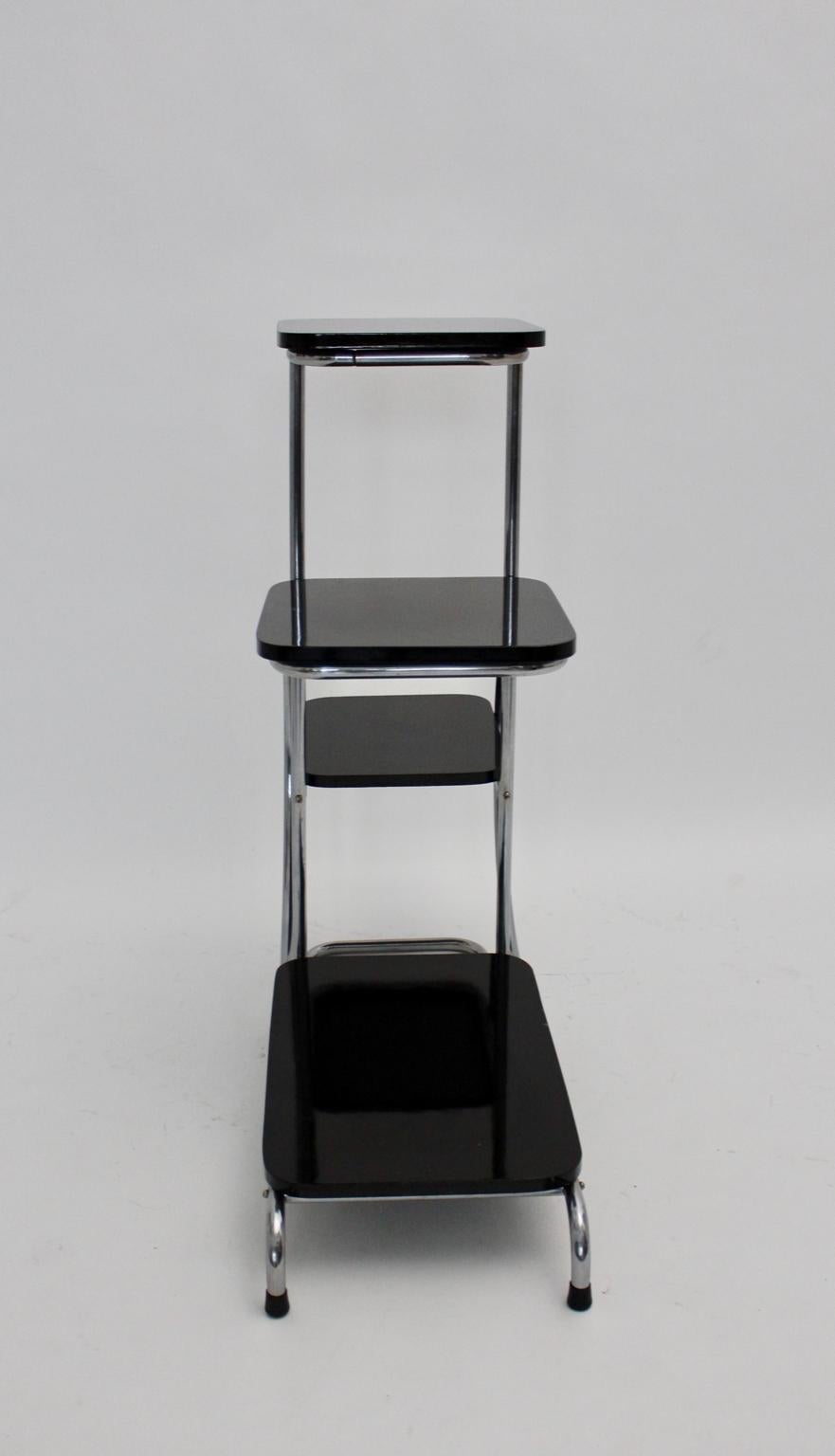 Mid-20th Century Art Deco Vintage Chromed Metal Black Wood Side Table by Emile Guyot 1930s France For Sale