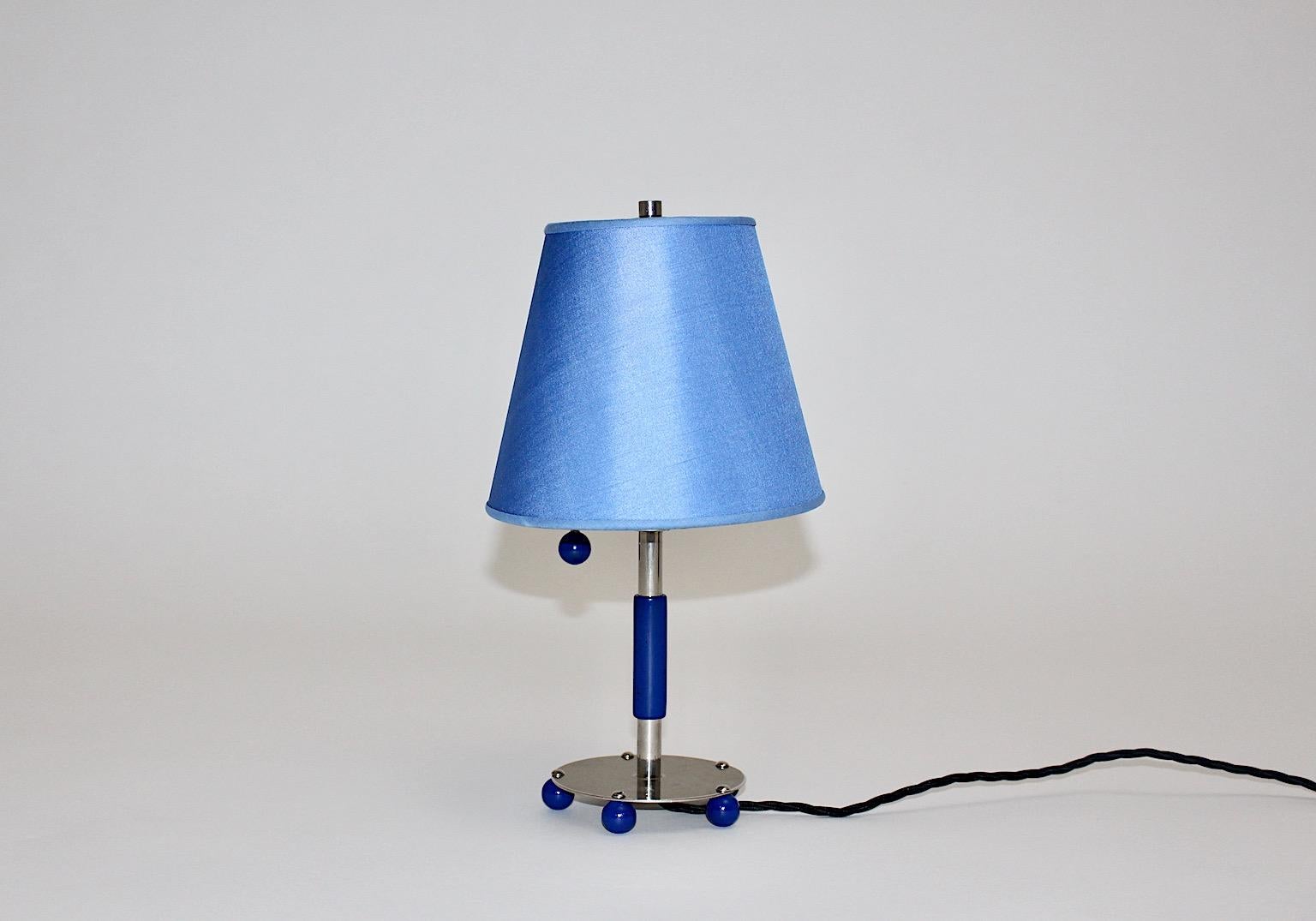 Art Deco Vintage Chromed Metal Blue Wood Table Lamp 1930s Germany In Good Condition For Sale In Vienna, AT