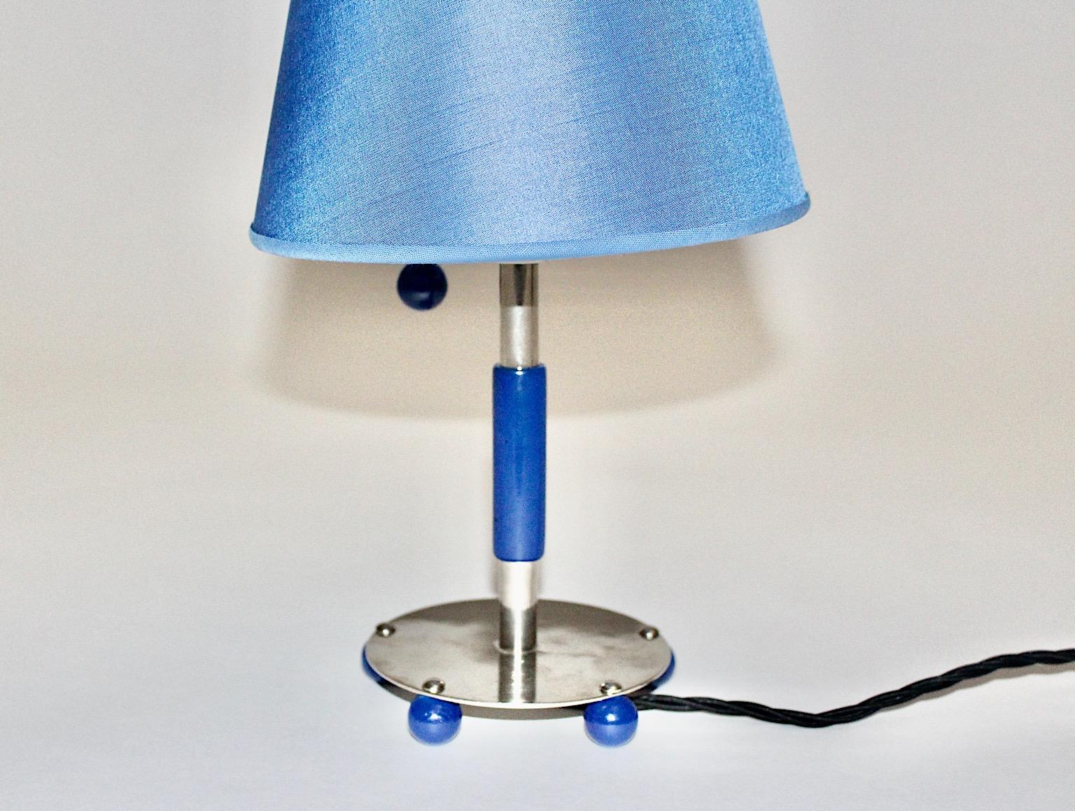 Mid-20th Century Art Deco Vintage Chromed Metal Blue Wood Table Lamp 1930s Germany For Sale
