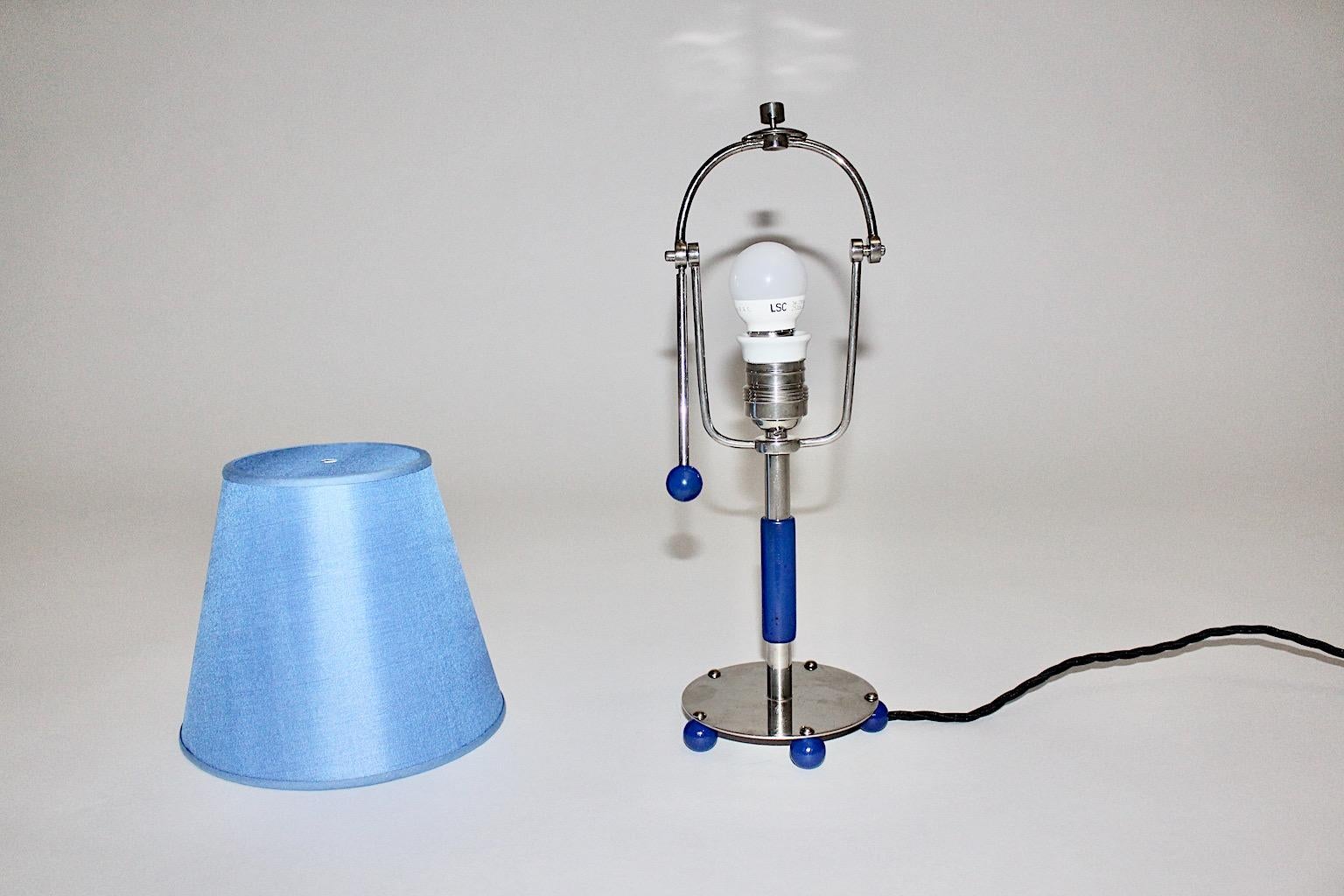 Art Deco Vintage Chromed Metal Blue Wood Table Lamp 1930s Germany For Sale 2