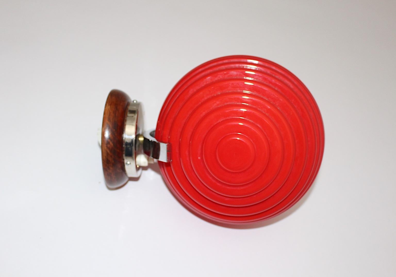 European Art Deco Vintage Chromed Metal Sconce with Red Glass Lamp Shade 1920s Austria For Sale