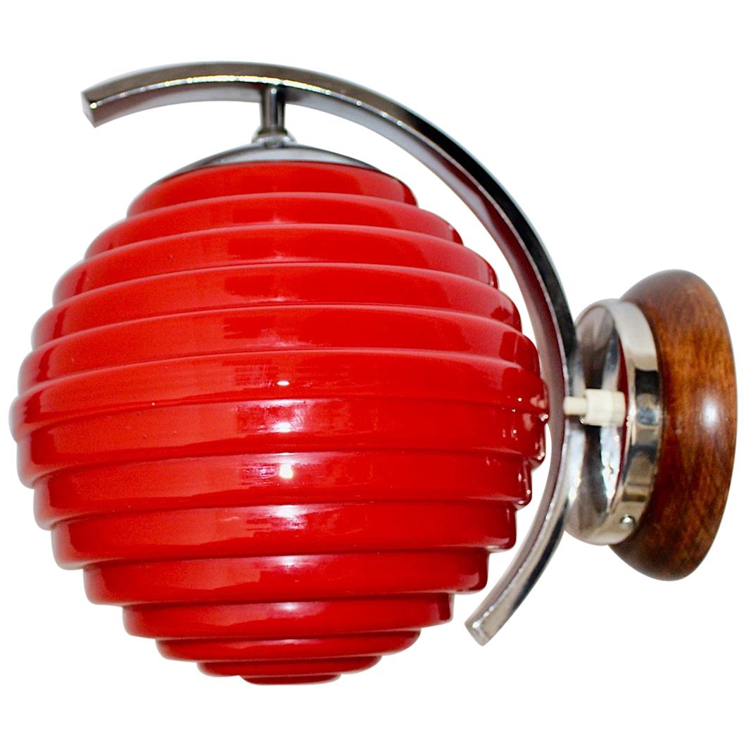 Art Deco Vintage Chromed Metal Sconce with Red Glass Lamp Shade 1920s Austria For Sale