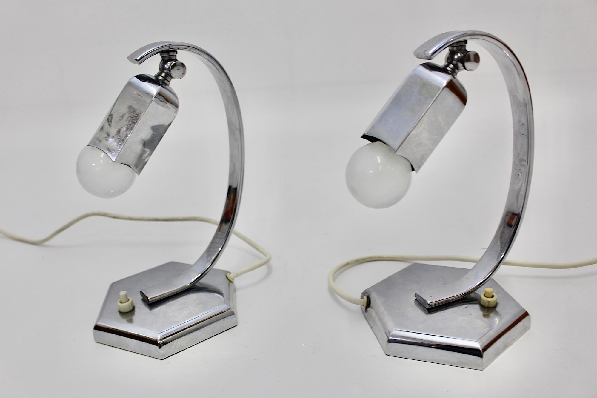 Art Deco Vintage Chromed Pair Nightstand Lamps Table Lamps Bellflower Austria For Sale 6