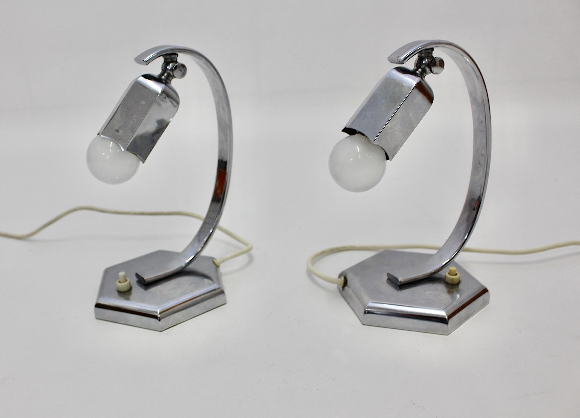Art Deco Vintage Chromed Pair Nightstand Lamps Table Lamps Bellflower Austria For Sale 12