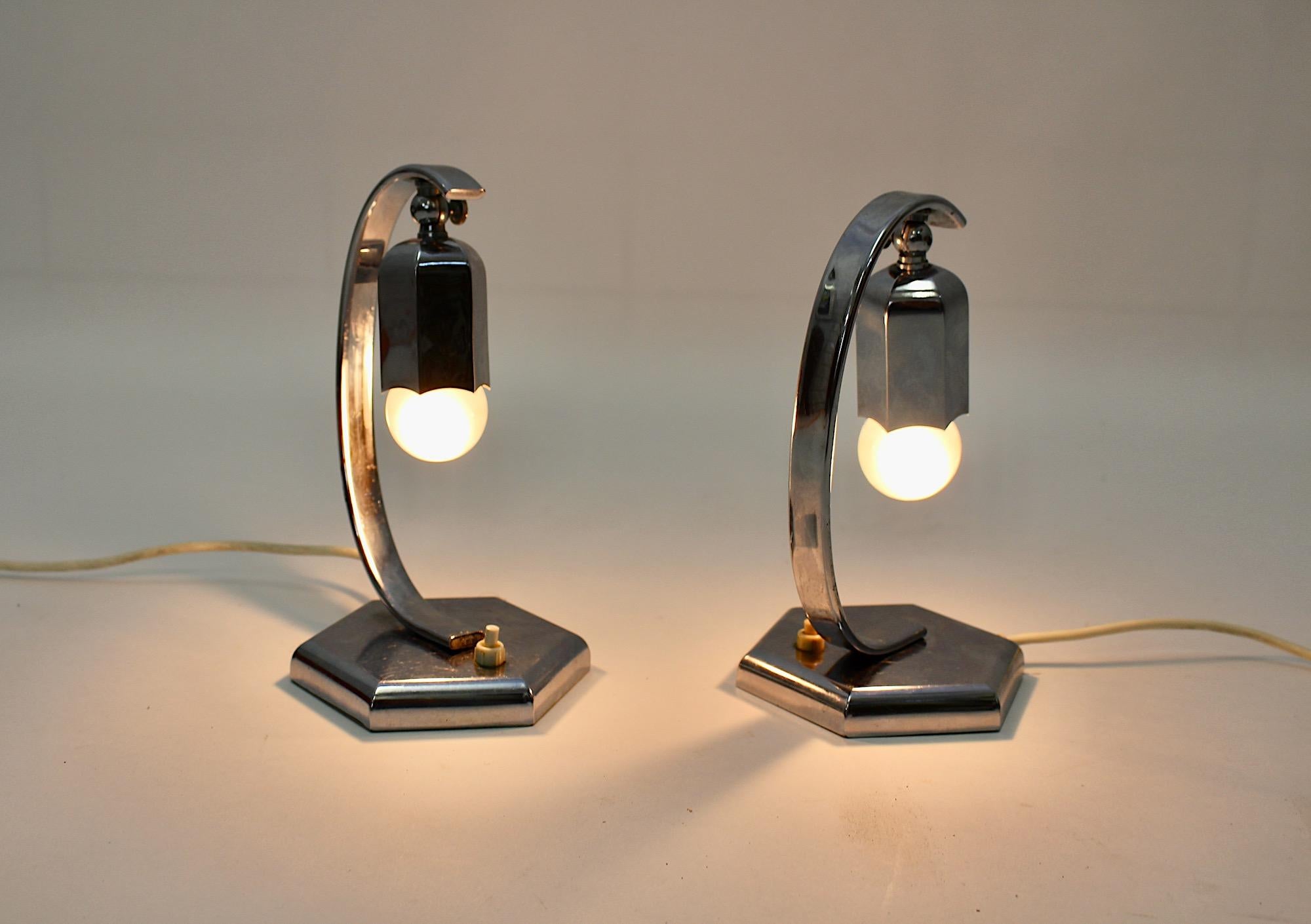 Austrian Art Deco Vintage Chromed Pair Nightstand Lamps Table Lamps Bellflower Austria For Sale