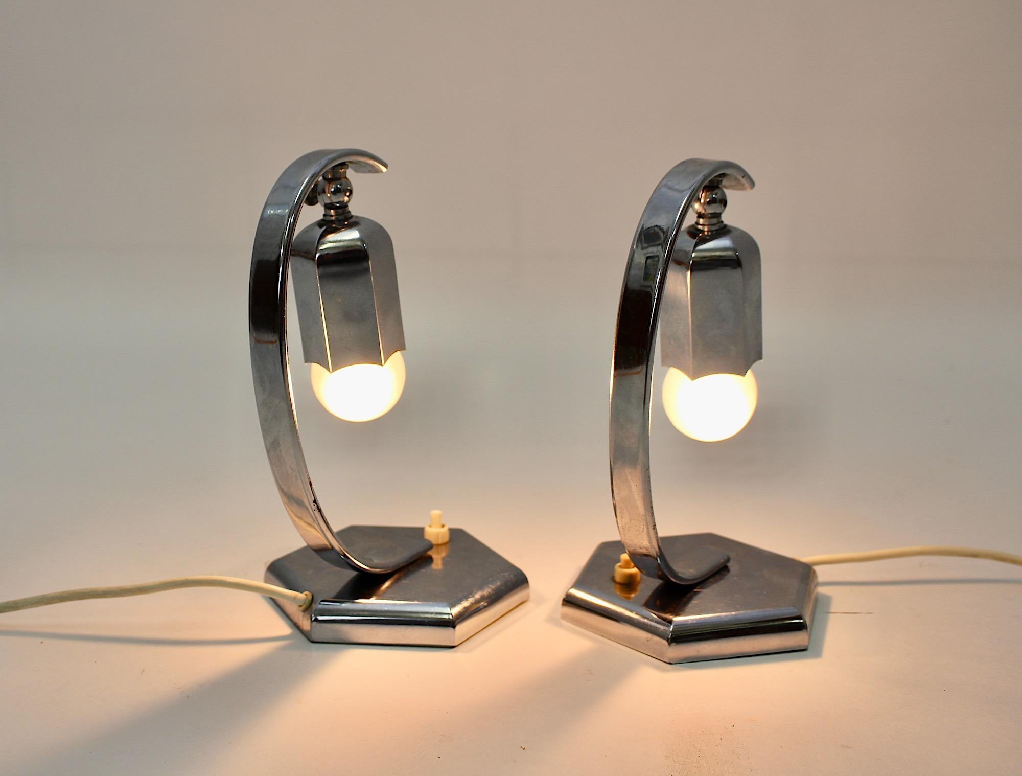 Art Deco Vintage Chromed Pair Nightstand Lamps Table Lamps Bellflower Austria In Good Condition For Sale In Vienna, AT