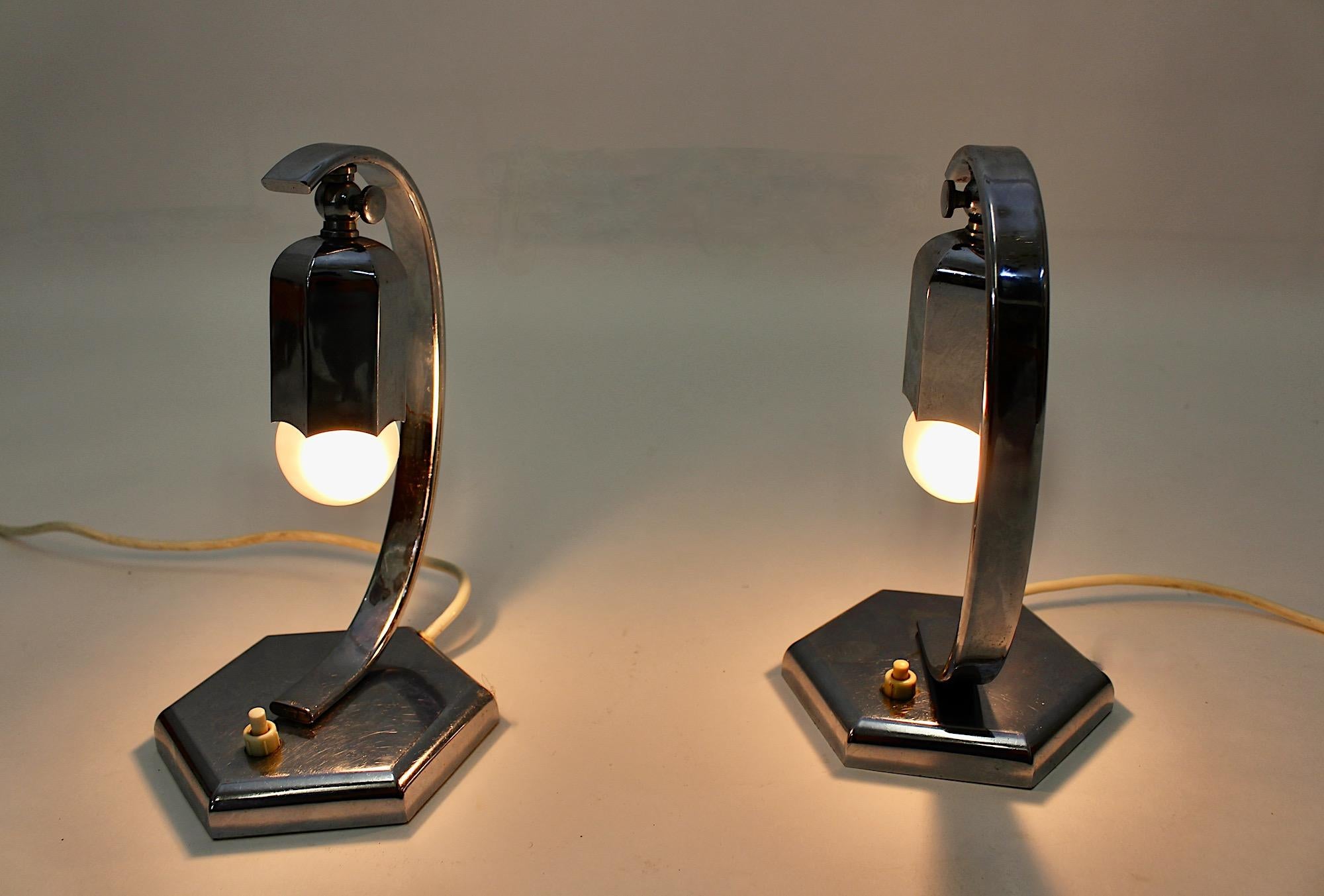 Mid-20th Century Art Deco Vintage Chromed Pair Nightstand Lamps Table Lamps Bellflower Austria For Sale