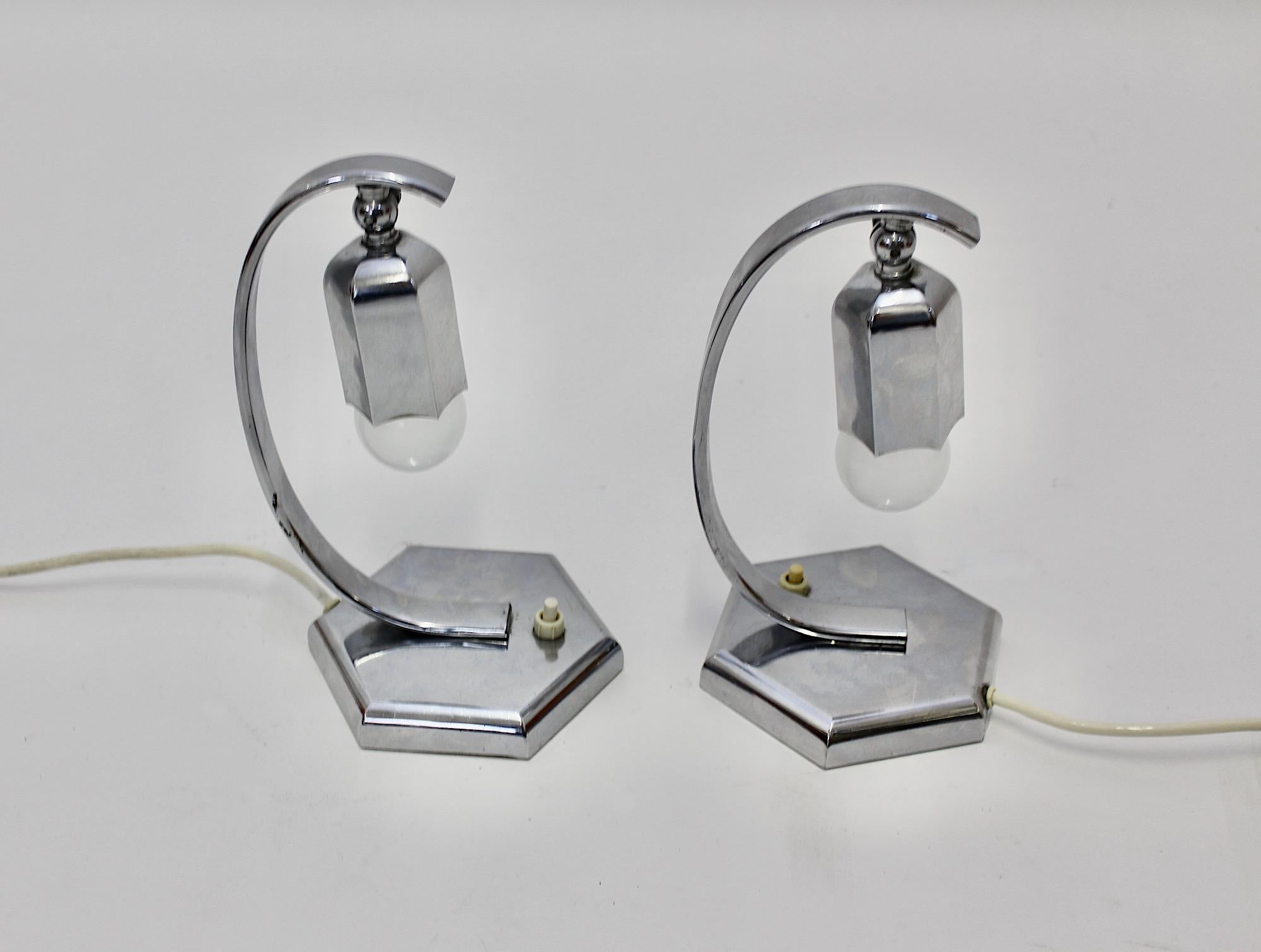 Art Deco Vintage Chromed Pair Nightstand Lamps Table Lamps Bellflower Austria For Sale 1