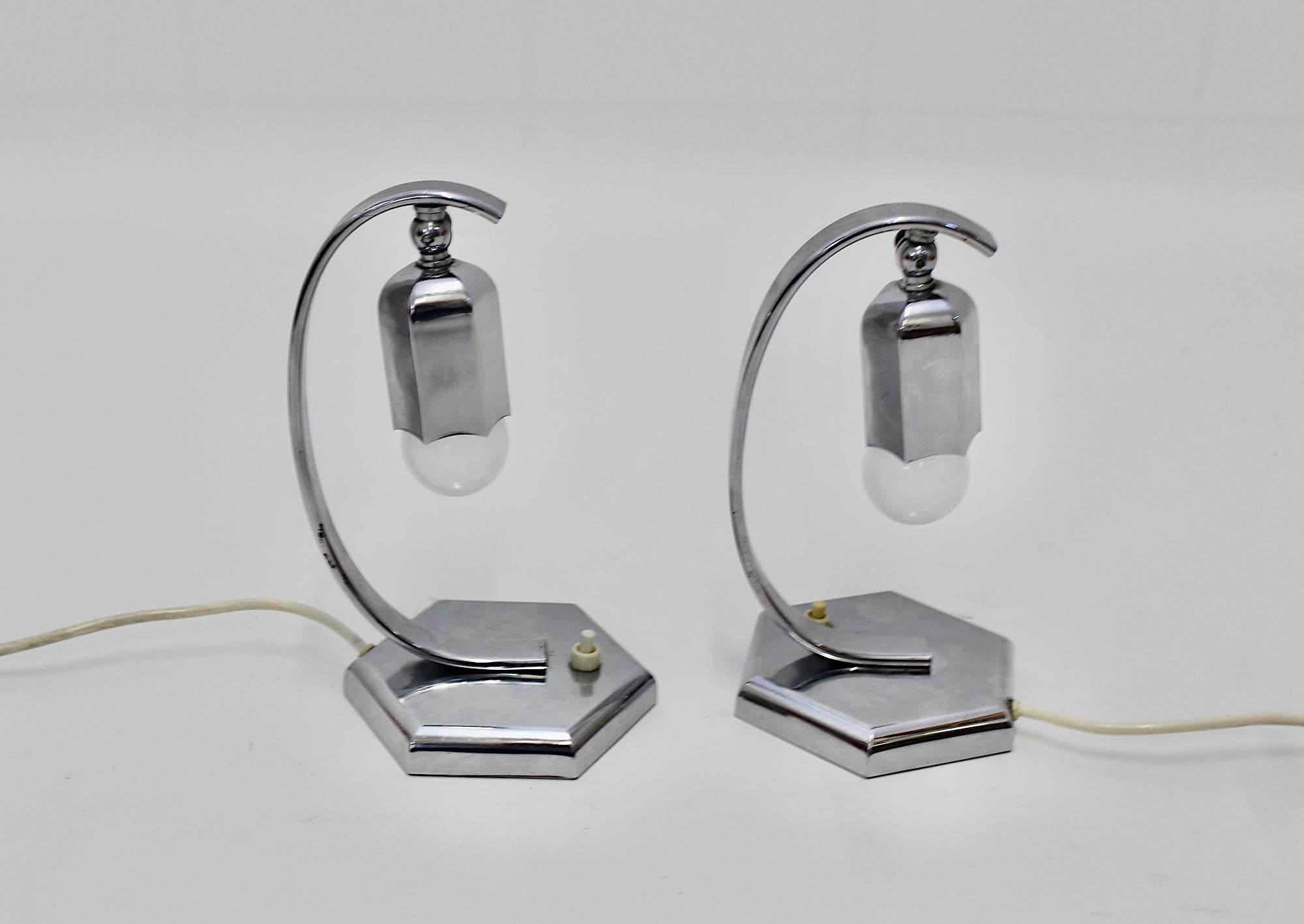 Art Deco Vintage Chromed Pair Nightstand Lamps Table Lamps Bellflower Austria For Sale 3