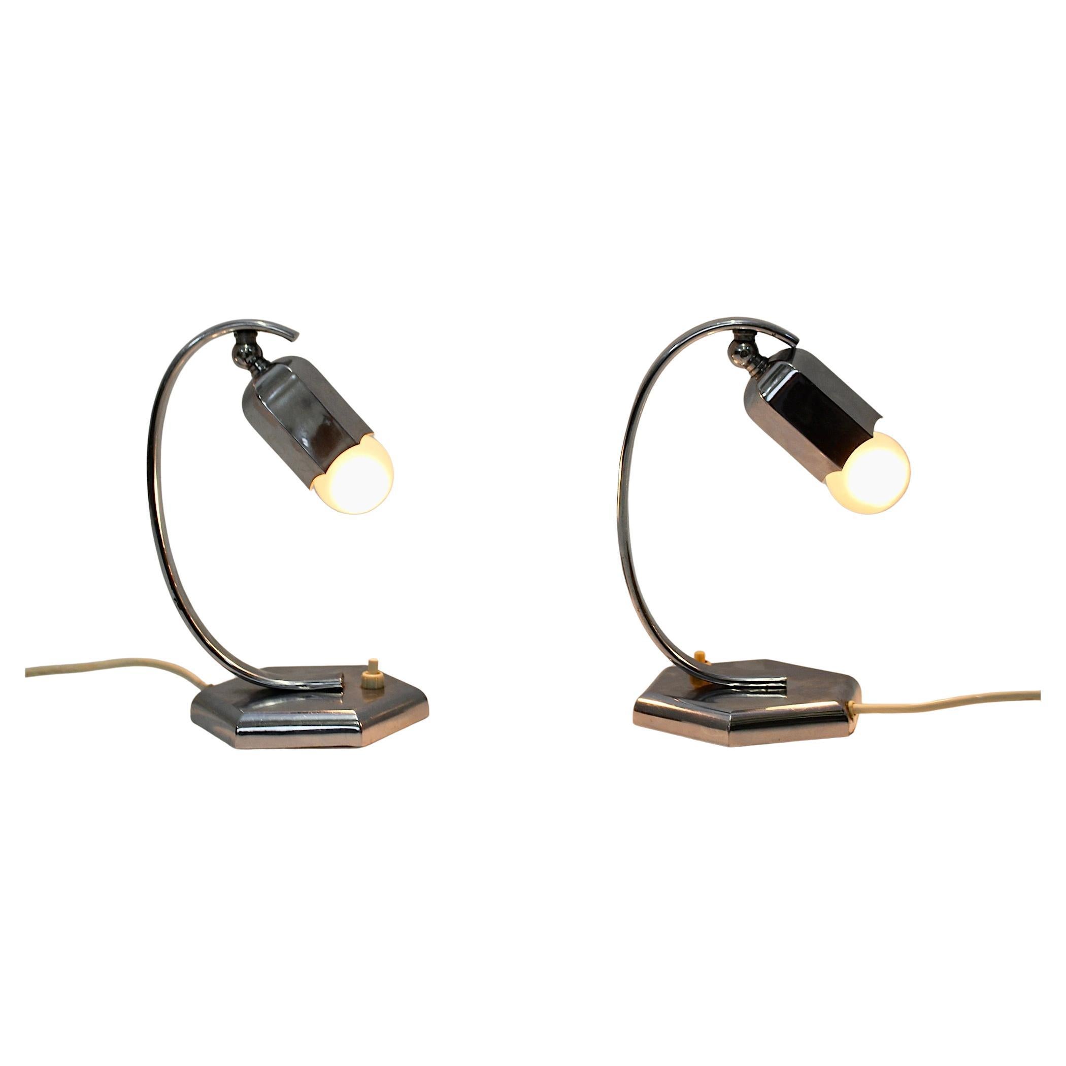 Art Deco Vintage Chromed Pair Nightstand Lamps Table Lamps Bellflower Austria For Sale