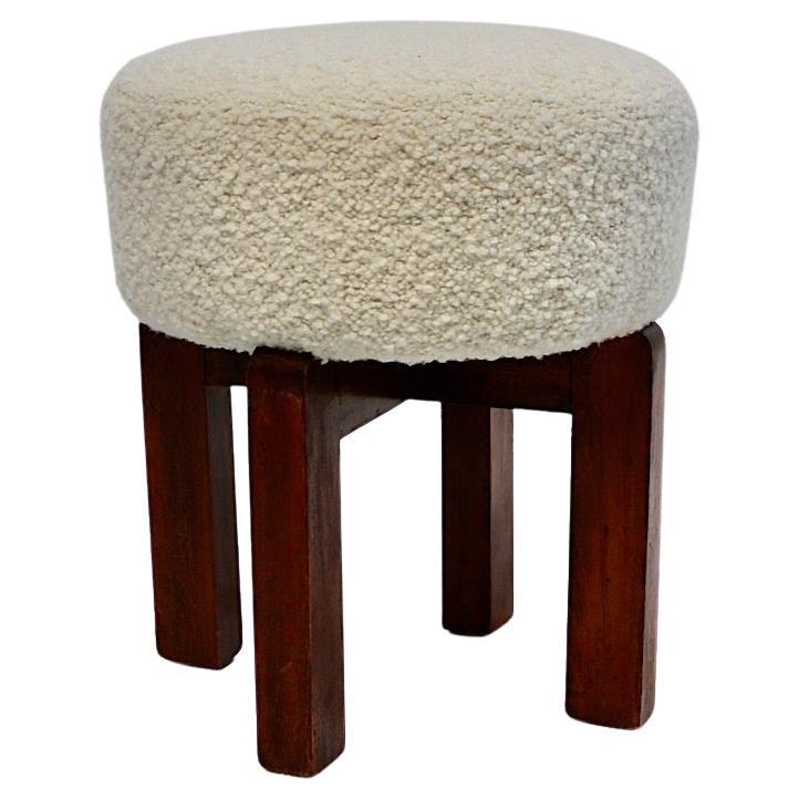 Art Deco Vintage Circular Brown Beech Cream Fabric Stool Ottoman 1930s Vienna For Sale