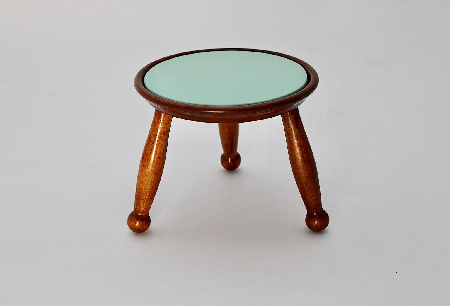 Mid-20th Century Art Deco Vintage Circular Brown Beech Green Glass Tiny Flower Table 1930s Vienna For Sale