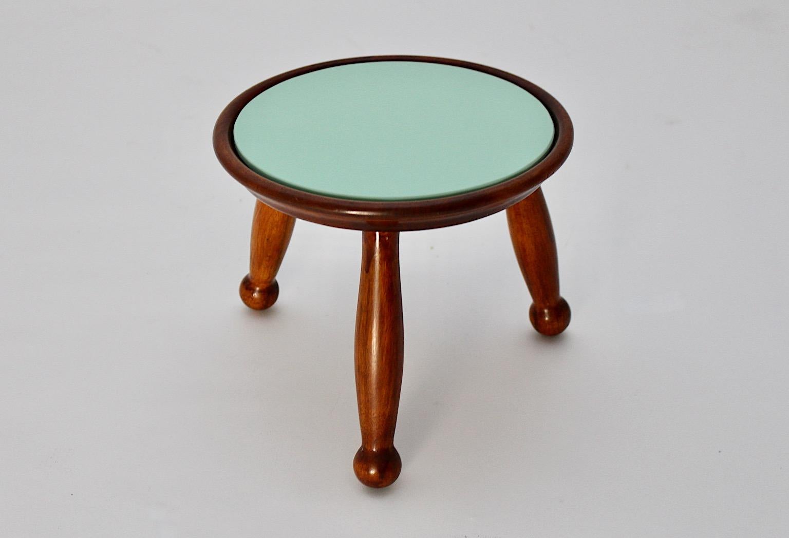 Art Deco Vintage Circular Brown Beech Green Glass Tiny Flower Table 1930s Vienna For Sale 3