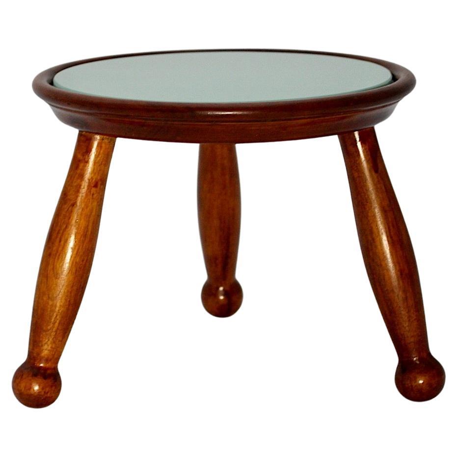 Art Deco Vintage Circular Brown Beech Green Glass Tiny Flower Table 1930s Vienna For Sale