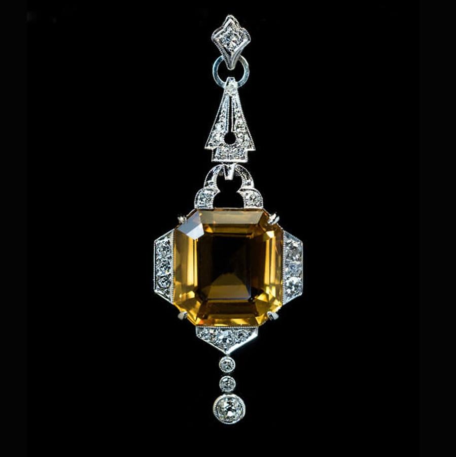 Art Deco Vintage Citrine Diamond White Gold Pendant In Excellent Condition In Chicago, IL
