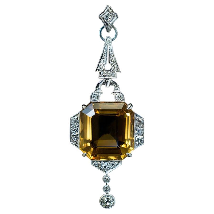 Art Deco Vintage Citrine Diamond White Gold Pendant