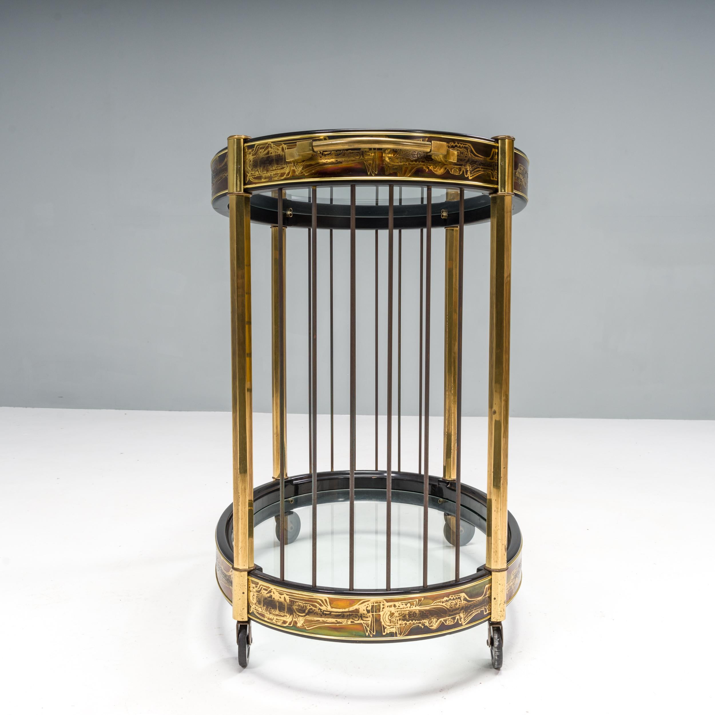 Art Deco Vintage Cocktail Glass and Brass Trolley Bar Cabinet In Good Condition In London, GB