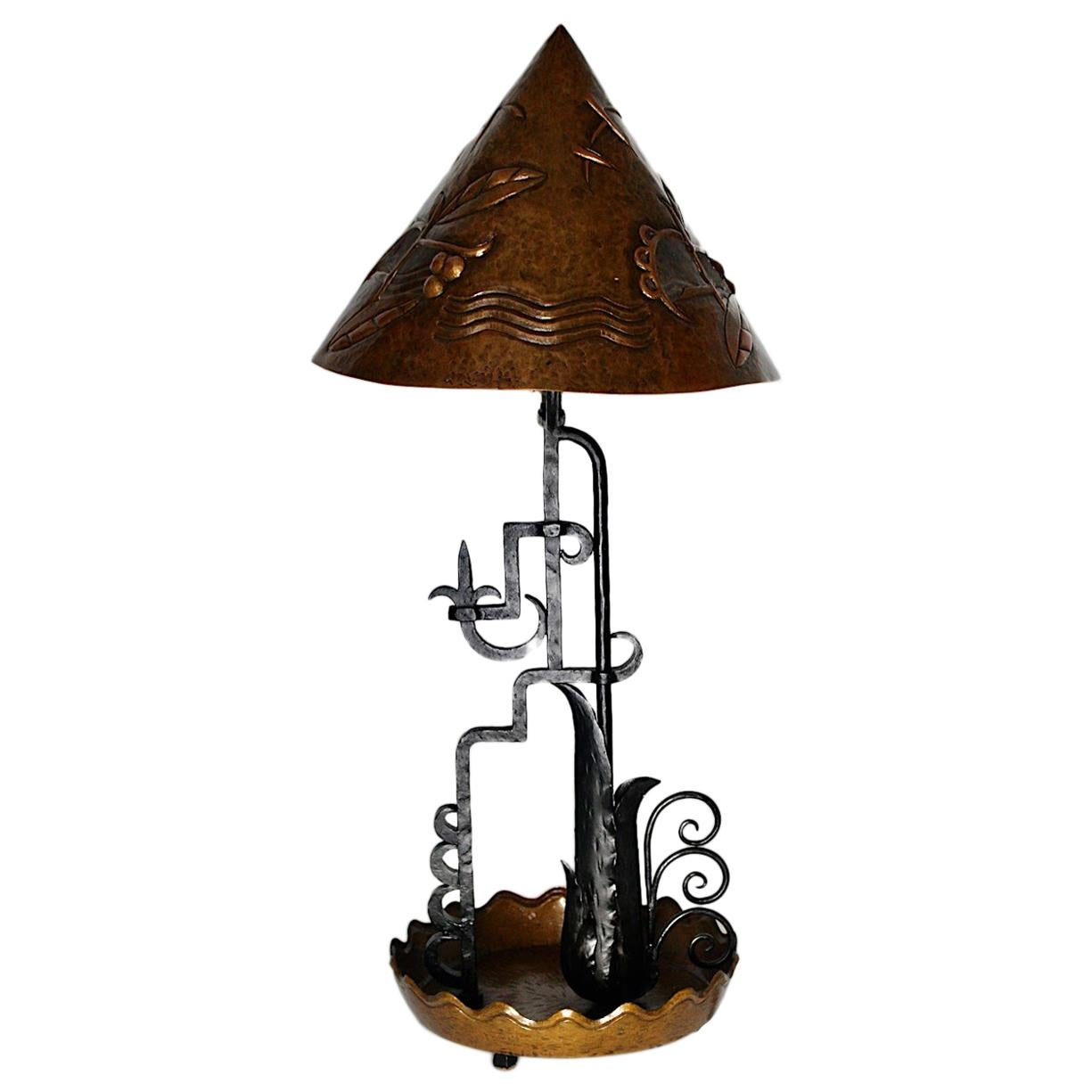 Art Deco Vintage Copper Black Iron Table Lamp, circa 1920, Vienna For Sale