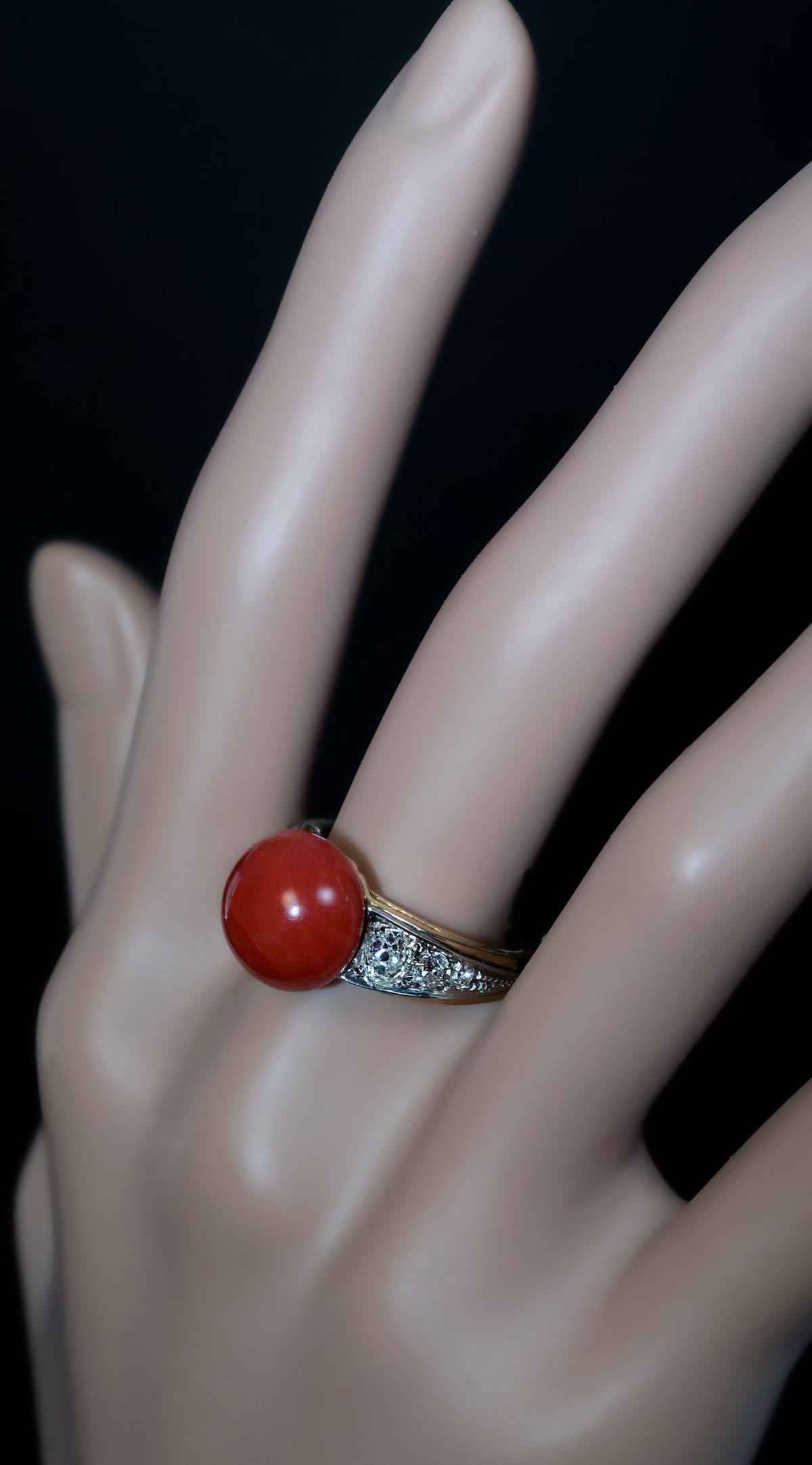 Women's Art Deco Vintage Coral and Diamond Ring