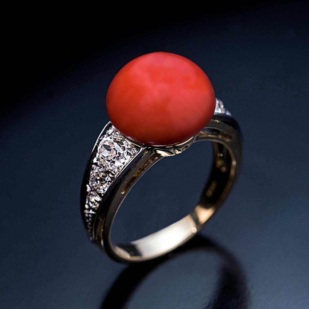 Art Deco Vintage Coral and Diamond Ring 2