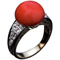 Art Deco Vintage Coral and Diamond Ring