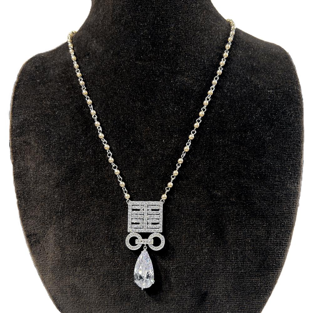 Art Deco Vintage Large Pear Drop Diamanté Pearl Chain Necklace by Clive Kandel In Excellent Condition For Sale In New York, NY