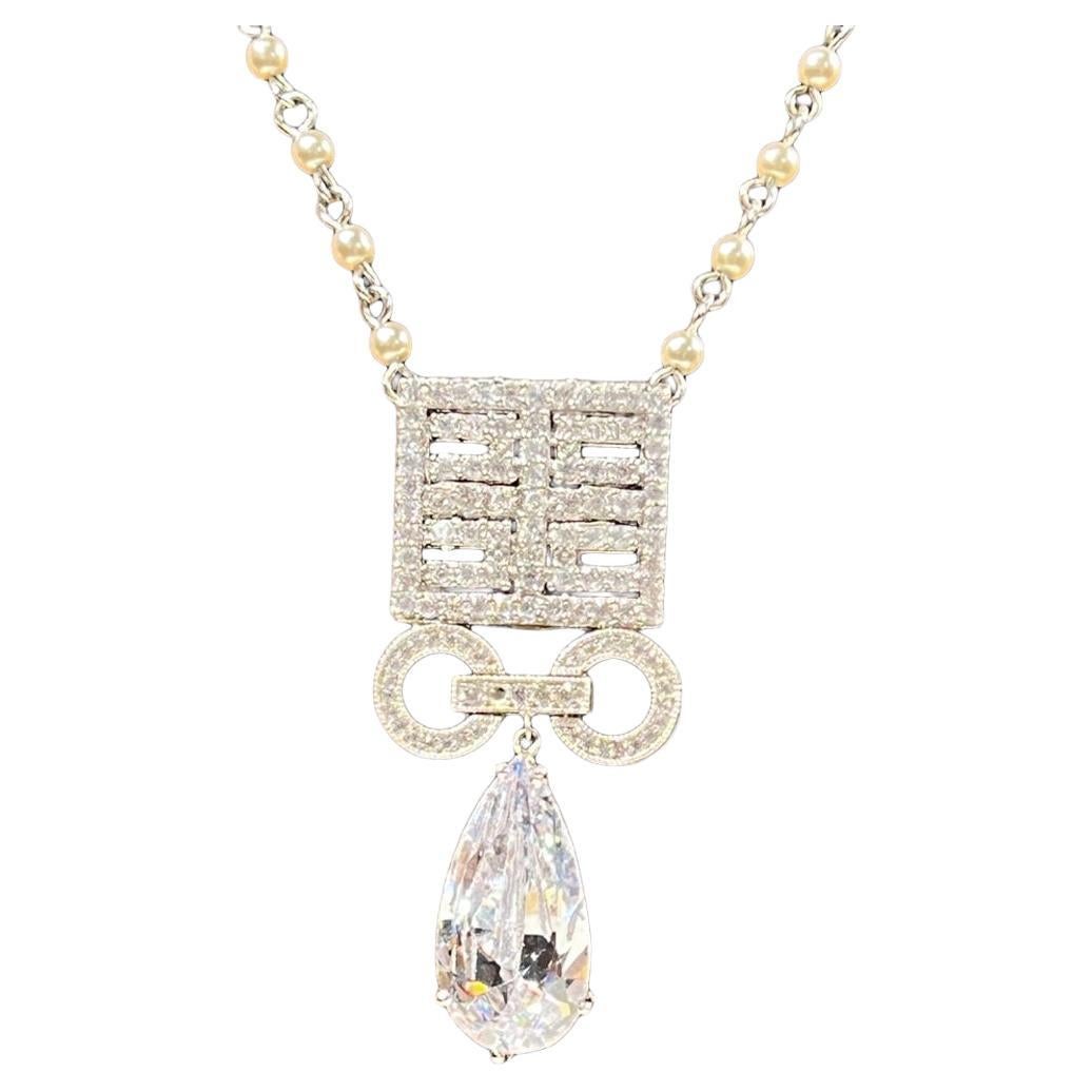Art Deco Vintage Large Pear Drop Diamanté Pearl Chain Necklace by Clive Kandel For Sale