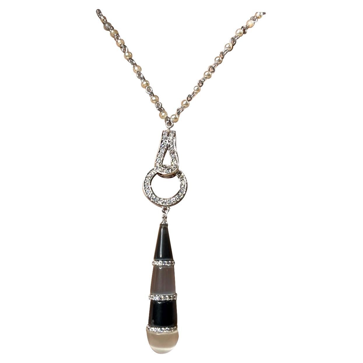 Art Deco Vintage Costume Jewelry Onyx Moonstone Diamanté Pearl Chain Necklace For Sale