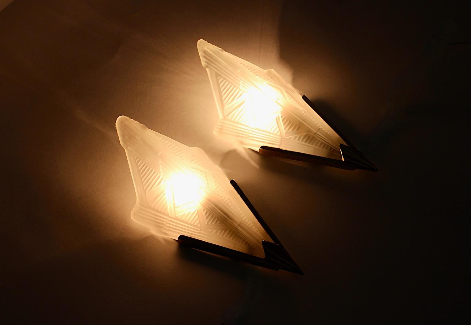 Art Deco Style Triangle Glass Brass Two Wall Lights Sconces 1990s Sweden For Sale 4