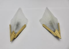 Art Deco Style Triangle Glass Brass Two Wall Lights Sconces 1990s Sweden