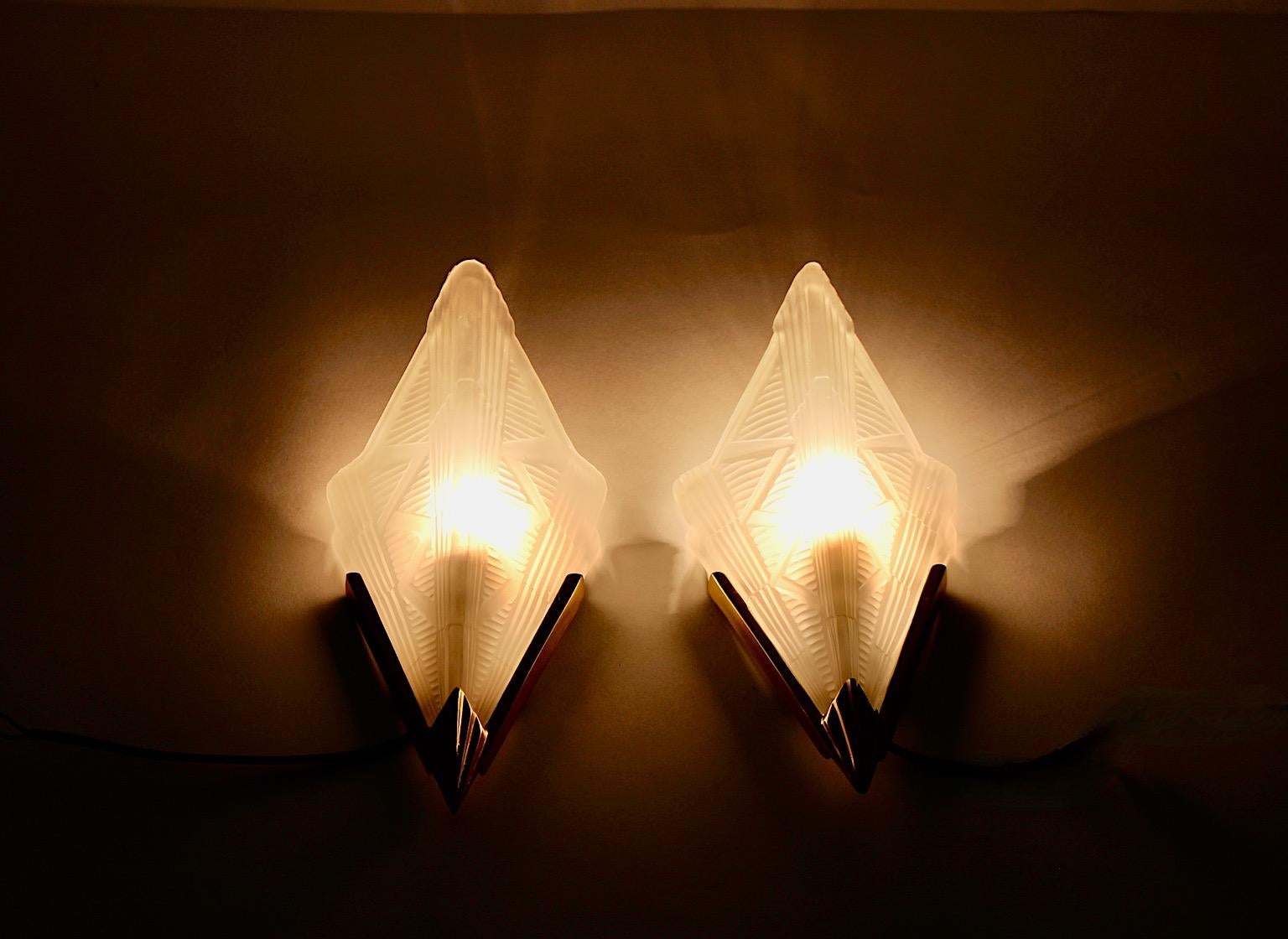 Swedish Art Deco Style Triangle Glass Brass Two Wall Lights Sconces 1990s Sweden For Sale