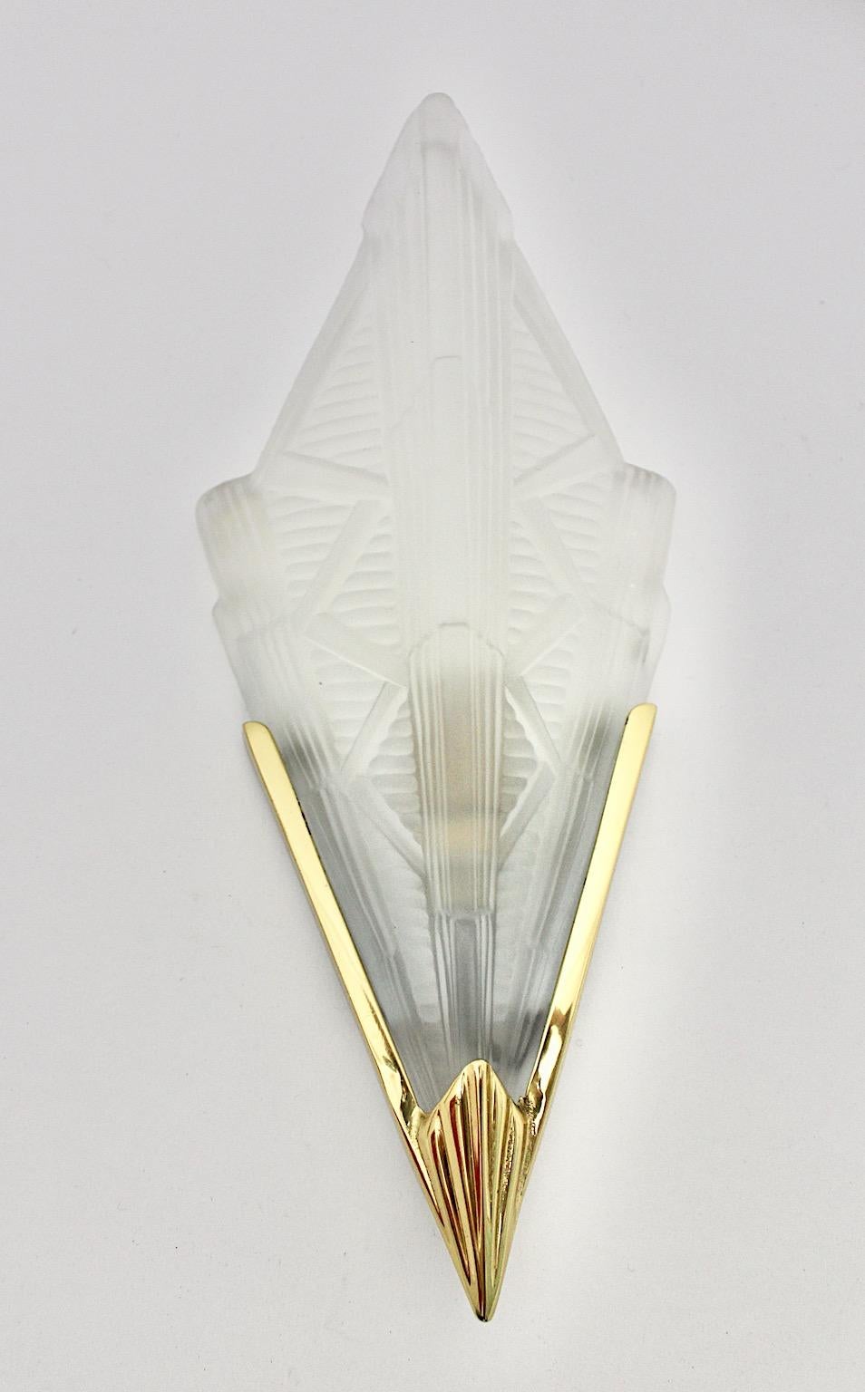 Late 20th Century Art Deco Style Triangle Glass Brass Two Wall Lights Sconces 1990s Sweden For Sale