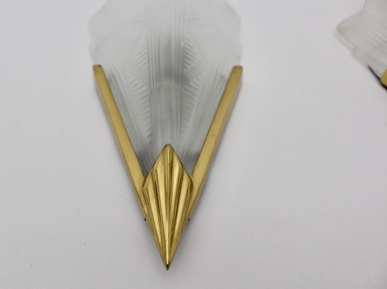 Plastic Art Deco Style Triangle Glass Brass Two Wall Lights Sconces 1990s Sweden For Sale