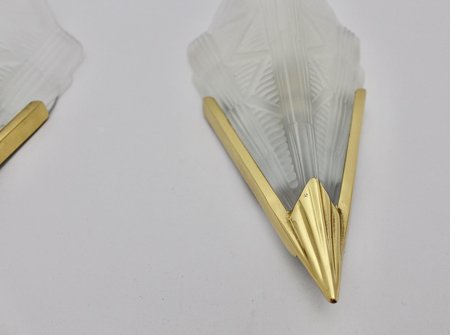 Art Deco Style Triangle Glass Brass Two Wall Lights Sconces 1990s Sweden For Sale 2