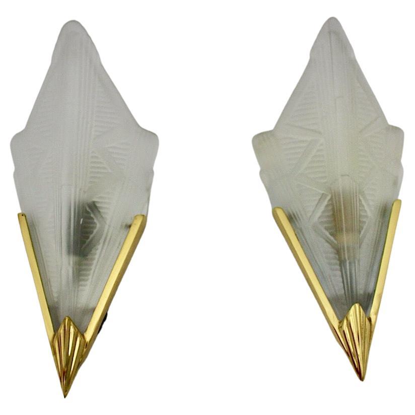 Art Deco Style Triangle Glass Brass Two Wall Lights Sconces 1990s Sweden For Sale
