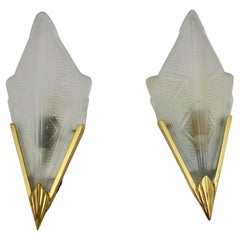 Used Art Deco Style Triangle Glass Brass Two Wall Lights Sconces 1990s Sweden