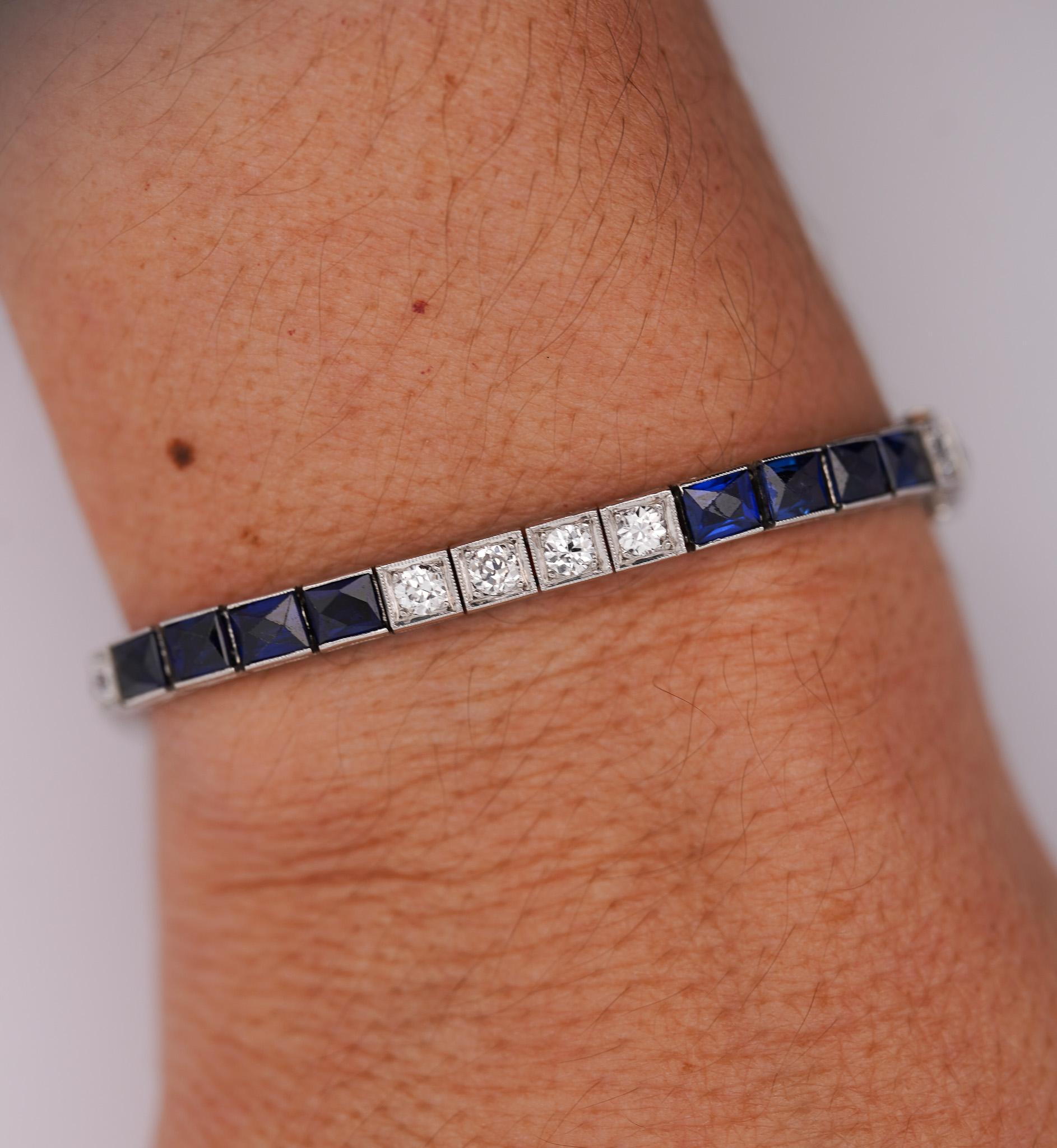Art Deco Vintage Diamond and Blue Sapphire Square Platinum Filigree Bracelet In Good Condition In Miami, FL