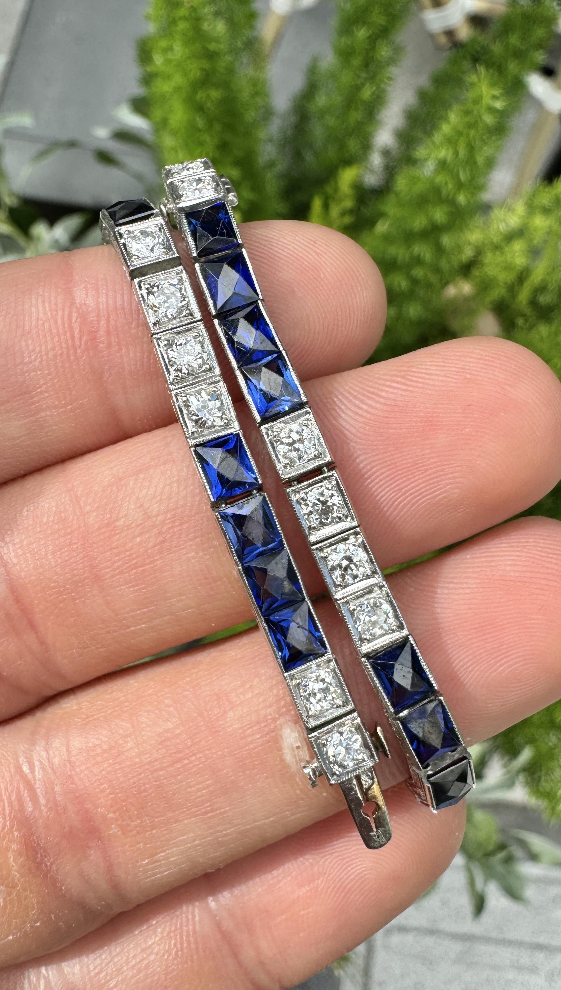 Art Deco Vintage Diamond and Blue Sapphire Square Platinum Filigree Bracelet 1